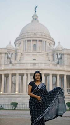 A Sky Full Of Wonders - Handblock Print Natural Dyed - Black Mulmul Cotton Saree image