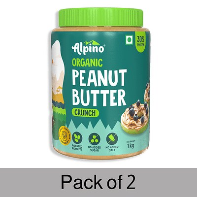 Alpino Organic Natural Peanut Butter Crunch 2 KG (Pack of 2)| Unsweetened | 30 G Protein | 100% Roasted Peanuts | No Added Sugar, Salt or Hydrogenated Oils | High Protein Peanut Butter Crunchy | Gluten-Free | Vegan image