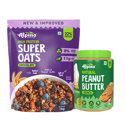 Alpino Pre-Workout High Protein & Fiber Diet Super Combo - High Protein Super Oats Chocolate 1Kg, Natural Peanut Butter Crunch 1Kg image