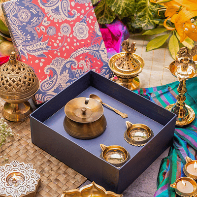Ambi Gift of Purity : 1 Pure Brass Ghee Pot and 2 Pure Brass Diyas in a Gift Box image
