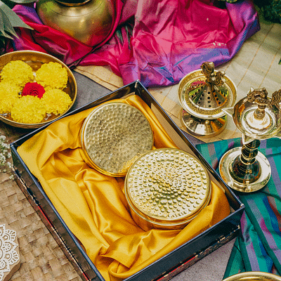 Ambi Gift of Royalty : 2 Pure Brass Hammered Nut Box in a gift box. image