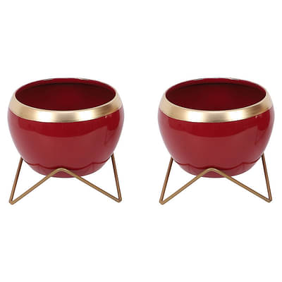 Apple Shape Metal Red & Gold Planter Set Of 2 image