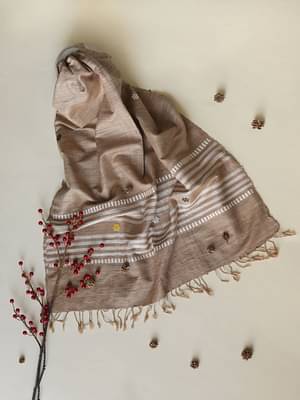 Arras Ahimsa Silk Scarf In Brown With Motifs On White Striped Border & On Body image