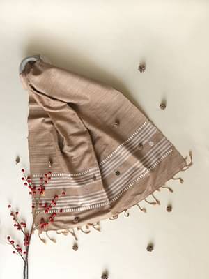Arras Ahimsa Silk Scarf In Brown With Motifs On White Striped Border image