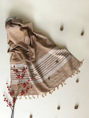 Arras Ahimsa Silk Scarf In Brown With White Striped Border image