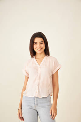 Arras Short Sleeve Button Down With Sheer Side Panels In Blush Pink image