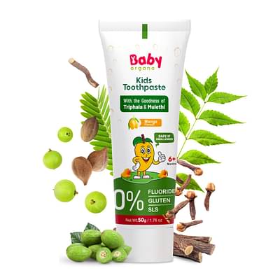 BabyOrgano® Herbal Toothpaste for kids l 100% Ayurvedic l Non Gel Formula l goodness of Babool and Mulethi l Mango Flavour l Fluoride & SLS Free l FDCA Approved - 50gm (Pack of 1) image