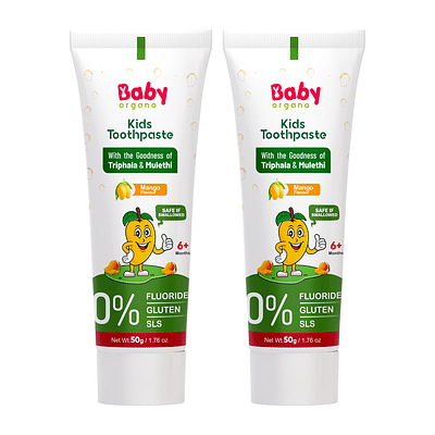 BabyOrgano® Herbal Toothpaste for kids l 100% Ayurvedic l Non Gel Formula l goodness of Babool and Mulethi l Mango Flavour l Fluoride & SLS Free l FDCA Approved - 50gm (Pack of 2) image