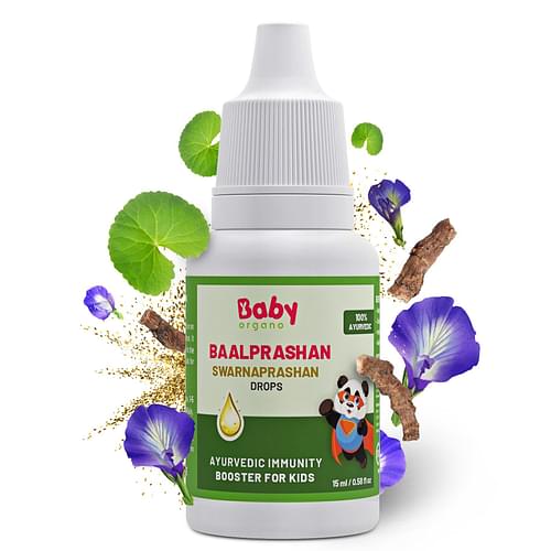Babyorgano Baalprashan/Swarnaprashan Immunity Booster Drops For Kids L Concentration & Memory Booster 100% Ayurvedic L Pure 24Ct Gold Extract L Fdca Approved, 0-15 Years - 15Ml image
