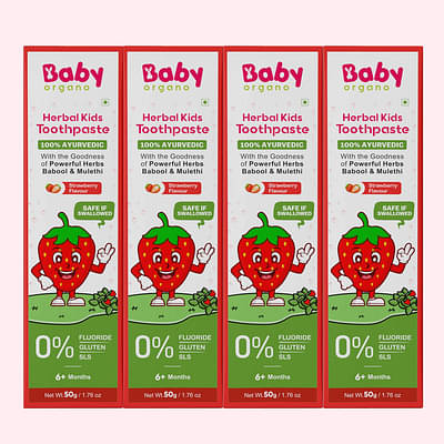 Babyorgano Flouride Free Herbal Strawberry Flavor Kids Toothpaste | Babool, Mulethi & other Herbs | FDCA Approved, 50gm Pack of 4 image