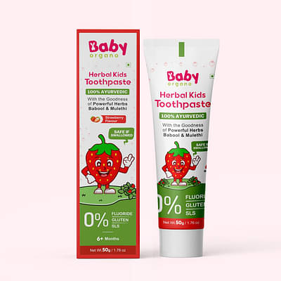 Babyorgano Herbal Kids Toothpaste, Non Gel, 50gm, with the goodness of Babool and Mulethi, Strawberry Flavour, Fluoride Free, SLS Free, 100% Ayurvedic, FDCA Approved image