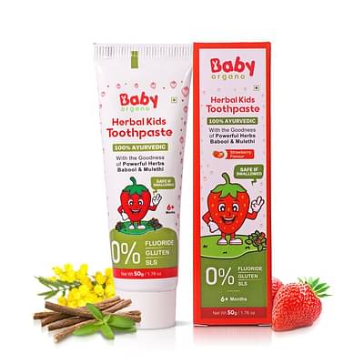 Babyorgano Herbal Strawberry Flavor Kids Toothpaste 50Gm, With The Goodness Of Khadir, Lodhar And Mulethi | Fluoride, Sls Free| Fdca Approved image