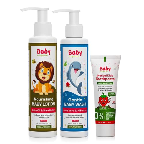 Babyorgano Wash, Lotion & Kids Toothpasate Combo Pack Of 3 (200Ml+200Ml+50Gm) image