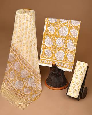 Bagru Store Premium Yellow and White Hand Block Print Cotton Suit Sets With Chiffon Dupatta image