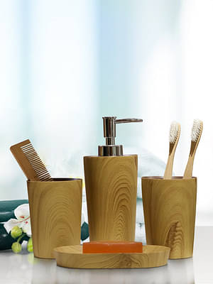 Bathroom Set 4 Piece, Brown Polyresin Bath Set Collection Of Liquid Soap Dispenser, Toothbrush Holder, Tumbler And Soap Dish By Shresmo image