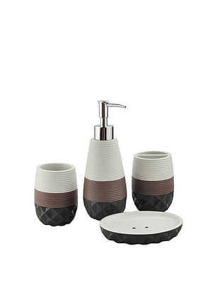 Bathroom Set 4 Piece, Cream Polyresin Bath Set Collection Of Liquid Soap Dispenser, Toothbrush Holder, Tumbler And Soap Dish image