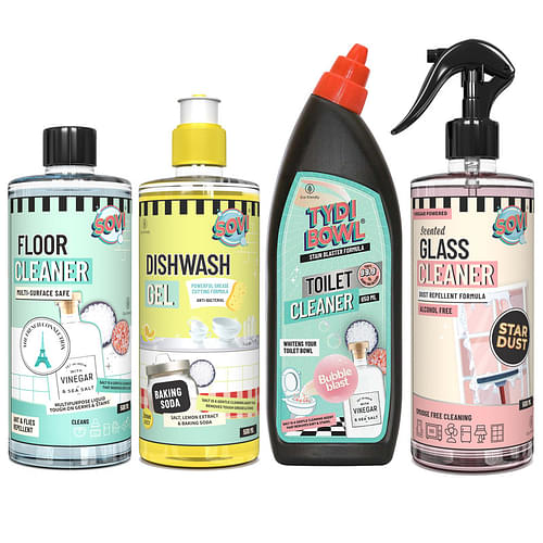 Bestseller Cleaning Kit - Sovi Floor Cleaner, Dishwash Liquid, Glass Cleaner, Tydibowl Toilet Cleaner - Pack Of 4 image