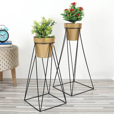 Big Pot Shape Gold Planter With Wide Stand Set Of 2 image