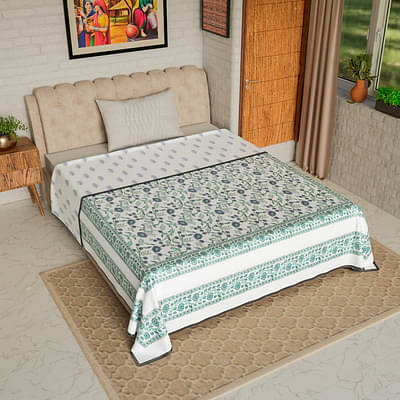Blue green Floral - Hand Block Printed Single Bed Cotton Dohar image