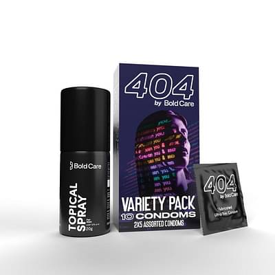 Bold Care Extend Delay Spray For Men, 20Ml - Pack Of 1 + Bold Care 404 Variety Pack With 2 X 5 Assorted Condoms In Each Pack - (Pack Of 10) - Combo image