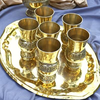 Brass Jug Set with 6 Glasses & Tray image