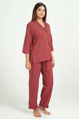 Breathables Women Cotton Checks Nightsuit Shirt And Pants Co-Ord Set 3/4 Sleeve Notched Collar Comfort Loose Fit Red(Night Wear | Co-Ord Set | Lounge Wear Set) image