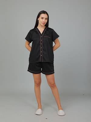 Breathables Women Cotton Nightsuit Shirt And Shorts Co-Ord Set Short Sleevev Neckcomfort Loose Fit Black(Night Wear | Co-Ord Set | Lounge Wear Set) image