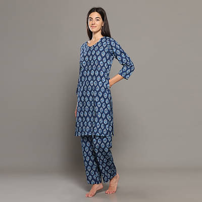 Breathables Women Cotton Printed Loungewear Kurta And Pants Co-Ord Set 3/4 Sleeve V Neck Comfort Loose Fit Blue(Night Wear | Co-Ord Set | Lounge Wear Set) image