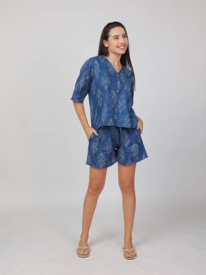 Breathables Women Cotton Printed Loungewear Kurta And Shorts Co-Ord Set 3/4 Sleeve Comfort Loose Fit Blue (Night Wear | Co-Ord Set | Lounge Wear Set) image