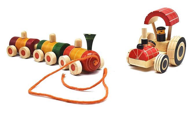 Channapatna Toys Pull Along Toy Wooden Train & Tractor For 12 Months & Above Kids, Toddlers, Infant & Preschool Toys - Set Of 2 Pcs- Multicolor - With Attached String- Encourage Walking image