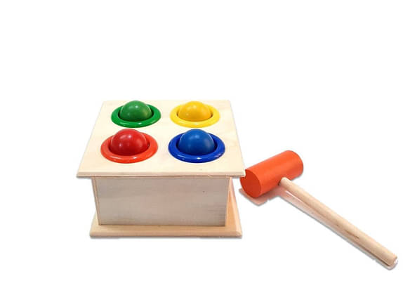 Channapatna Toys Wooden Hammer Ball Knock Pounding Bench With Box Case Fine Motor And Dexterity Skills Early Educational Montessori Activity Toys For 2+ Years Old Baby Boy Kids image