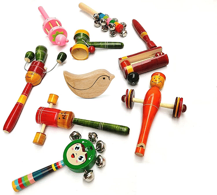 Channapatna Toys Wooden Rattles For Baby, Infants, New Born Babies Toys (0 To 6 To 12 Months) - Set Of 9 Pcs - Multicolor - Develops Sensory Skills image