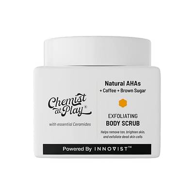 Chemist At Play Exfoliating Body Scrub For Removing Tan & Dead Skin Cells | Helps With Strawberry Skin, Keratosis Pilaris, Rough & Bumpy Skin, Tanned & Pigmented Skin | For Smooth, Soft & Bright Skin | Natural Ahas, Coffee, Brown Sugar | For Men & Women | 75 Gm image