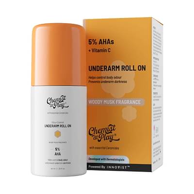 Chemist At Play Underarm Roll-On With 5% Lactic Acid & 1% Mandelic Acid | Prevents Odour, Brightens Skin & Exfoliates Underarm | Woody Musk | Sensitive Skin Friendly | Alcohol & Aluminium Free | 40 Ml image