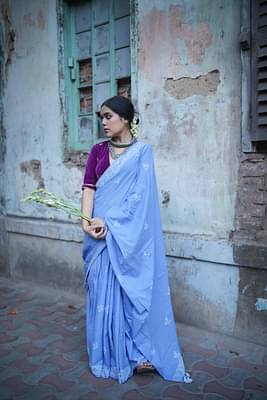 Chidiya - Handblock Print Natural Dyed - Sky Blue Mulmul Cotton Saree image