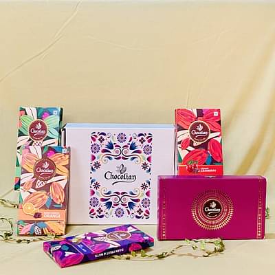 Chocolian Chocolate Assortment | Chocolate Gift Hamper | Diwali Gift | Dark Choco Orange Bar ,Dark Rose Pistachio Bar ,Dark Fruit & Nut Chocolate Bar, Creamy Cranberry Chocolate bar & Assorted bites. image