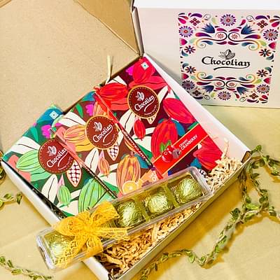 Chocolian Chocolatey Bliss | Chocolate Gift Hamper | Diwali Gift | Dark Choco Orange Bar ,Dark Rose Pistachio Bar ,Creamy Cranberry (Each 72G) & Almond Rocher Ball - 5pc image