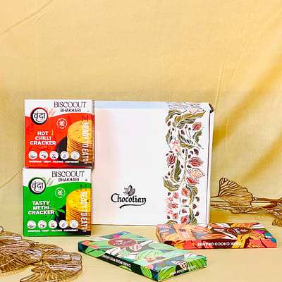 Chocolian Healthy Happy Hour | Chocolate & Snacks Gift Hamper | Diwali Gift |Hot Chilli Cracker 200g & Tasty Methi Cracker 200g , Dark Choco Orange Bar 72g & Dark Rose Pistachio Bar 72g image