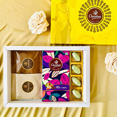 Chocolian Waffle-icious Chocolate Combo | Chocolate Gift Hamper | Diwali Gift |Chocolate Almond Dates (4 pcs) , Dark Fruit & Nut Bar 72G, Chocolate Covered Waffle (2pc) image