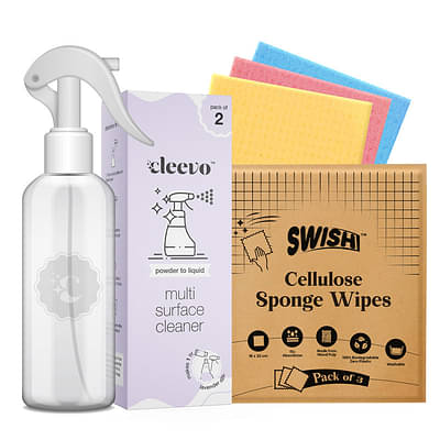 Cleevo powder to liquid multi surface cleaner with 1 spray bottle and 3 Cellulose sponge wipes |1L| 1Pouch=500ml | (1 L) image