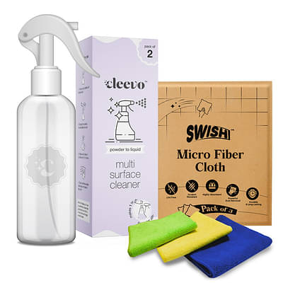 Cleevo powder to liquid multi surface cleaner with 1 spray bottle and 3 Micro fiber cloths |1L| 1Pouch=500ml | (1 L) image