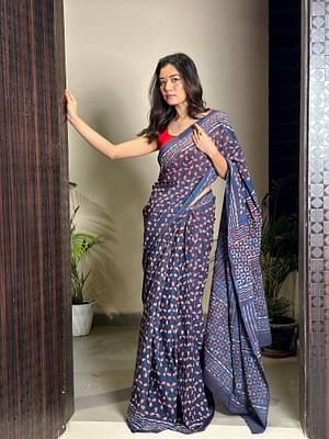 Dhalti Raat ( Stary Night In Dessert) - Bagru Natural Dyes Handblock Printed - Cotton Mulmul Saree image