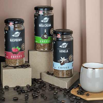 Dyne Creamy Flavoured Coffee Trio - Irish Cream | Raspberry | Vanilla (60G Each Flavour) Combo Pack Of 3 image