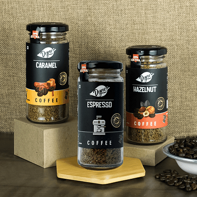 Dyne Delightful Flavoured Coffee Trio - Caramel | Espresso | Hazelnut (60G Each Flavour) Combo Pack Of 3 image