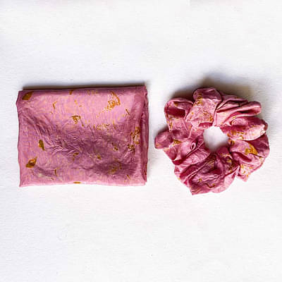Eco-printed Silk Bandana, Scrunchie Combo- Pink with Yellow image