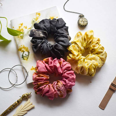 Eco-printed Silk Scrunchies - Set of 3 (Pink, Yellow & Grey) image