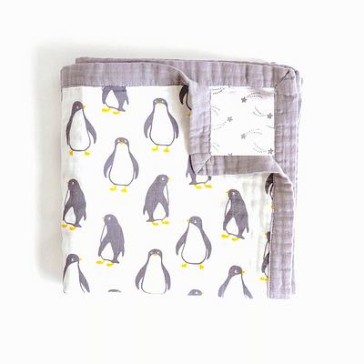 Elementary 100% Organic Muslin Cotton Reversible Dancing Penguin Dohar Blanket (140*100Cm) image