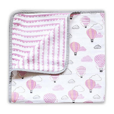 Elementary 100% Organic Muslin Cotton Reversible Pink Hot Air Balloon Dohar Blanket (140*100Cm) image