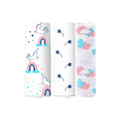 Elementary Organic Cotton Muslin Swaddle Wraps Magical Unicorn Rainbow Theme Print Set Of 3 - Pink & Blue image
