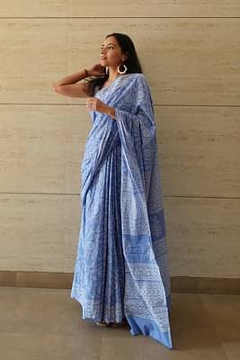 Floral Sky - Handblock Print Natural Dyed - Sky Blue Mulmul Cotton Saree image